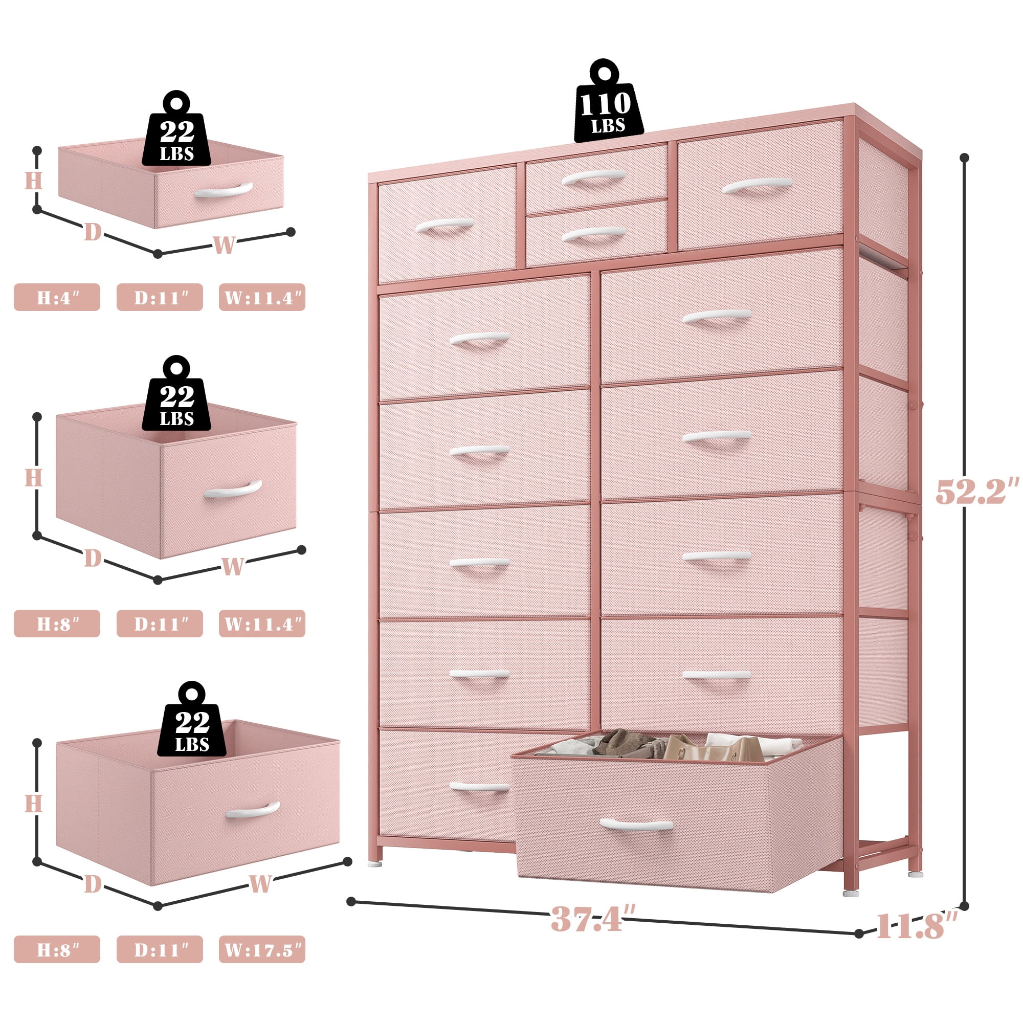 EnHomee Dressers for Bedroom with 14 Fabric Drawers Tall Dresser & Chests of Drawers Storage Tower for Living Room, Pink