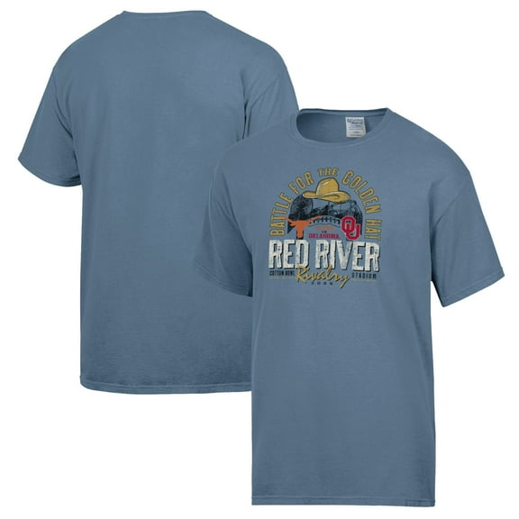Men's ComfortWash Blue Texas Longhorns vs. Oklahoma Sooners Red River Rivalry Battle For The Golden Hat Matchup T-Shirt