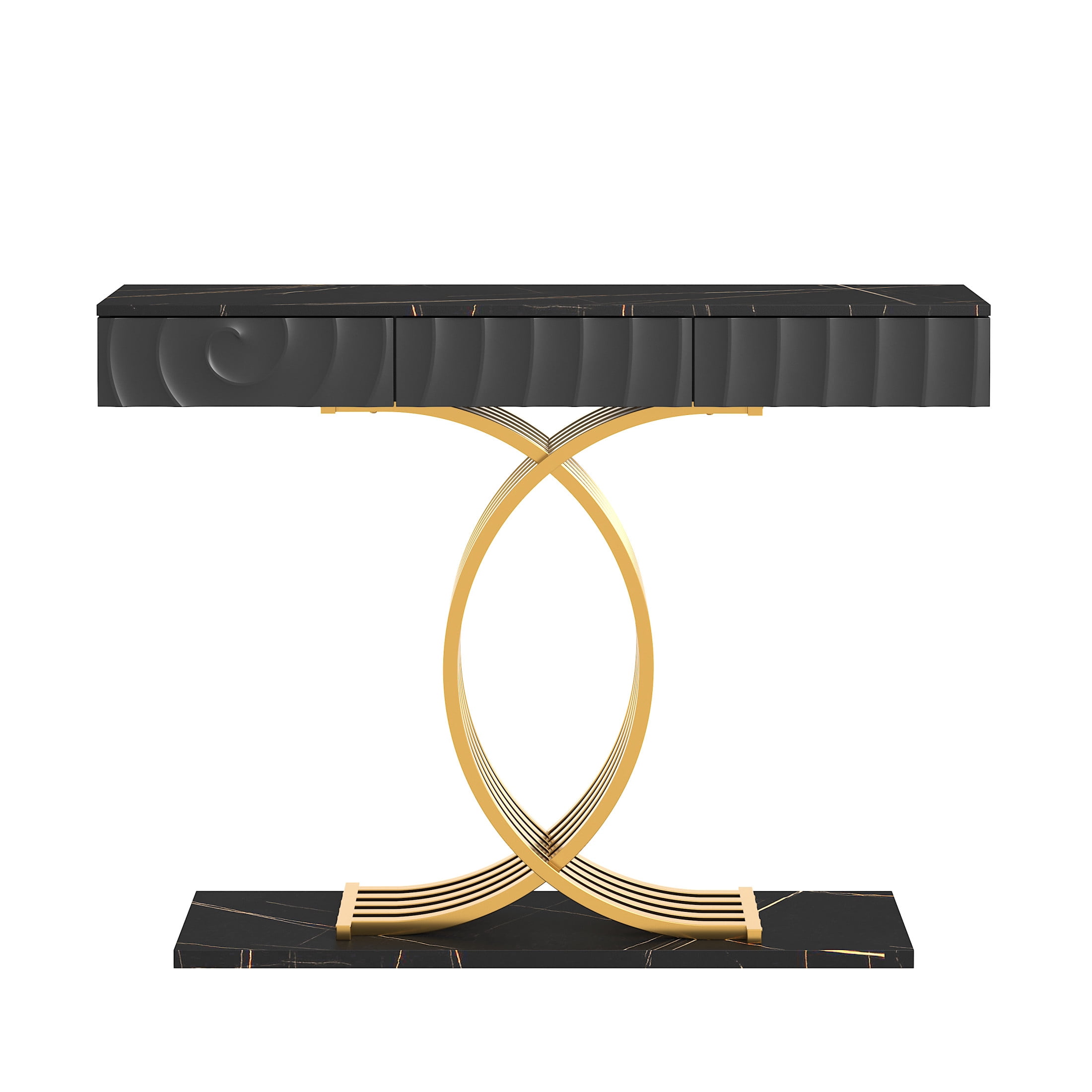 Noble House Arvion 47.3" Narrow Entryway Console Table with Storage Drawers & Geometric Metal Legs, Black & Gold