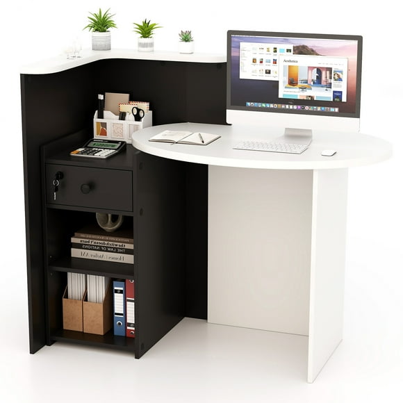 Giantex Reception Desk, Computer Workstation w/Lockable Drawer & Open Shelves, Checkout Counter, White & Black