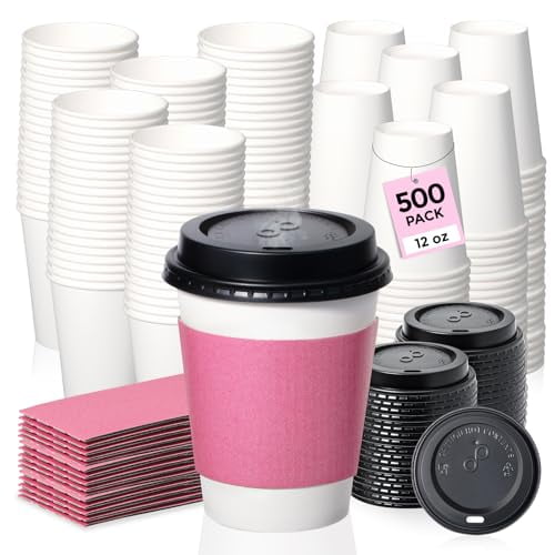 Fit Meal Prep [500 Pack 12 oz Paper To Go Coffee Cups with Lids and Pink Sleeves, Disposable, White Dome Lids Leak Proof for Hot/Cold Beverages, Chocolate, Tea, Juice, Party