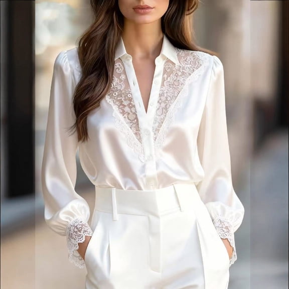 ClodeEU Women's Lace Satin V-Neck Blouse,Long Sleeve Casual Fashions Shirt White,Womens Plus M