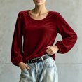 thumbnail image 6 of Dpjklzsn Women's Velour Scoop Neck Blouse with Gathered Long Sleeves and Relaxed Fit, 6 of 9