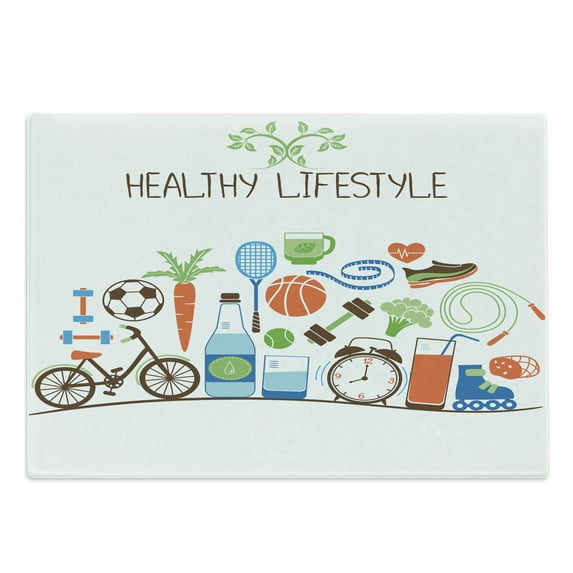 Fitness Cutting Board, Healthcare Theme Athletic Energetic Life Routine Wellness Gym Equipment Vegetables, Decorative Tempered Glass Cutting and Serving Board, Large Size, Multicolor, by Ambesonne
