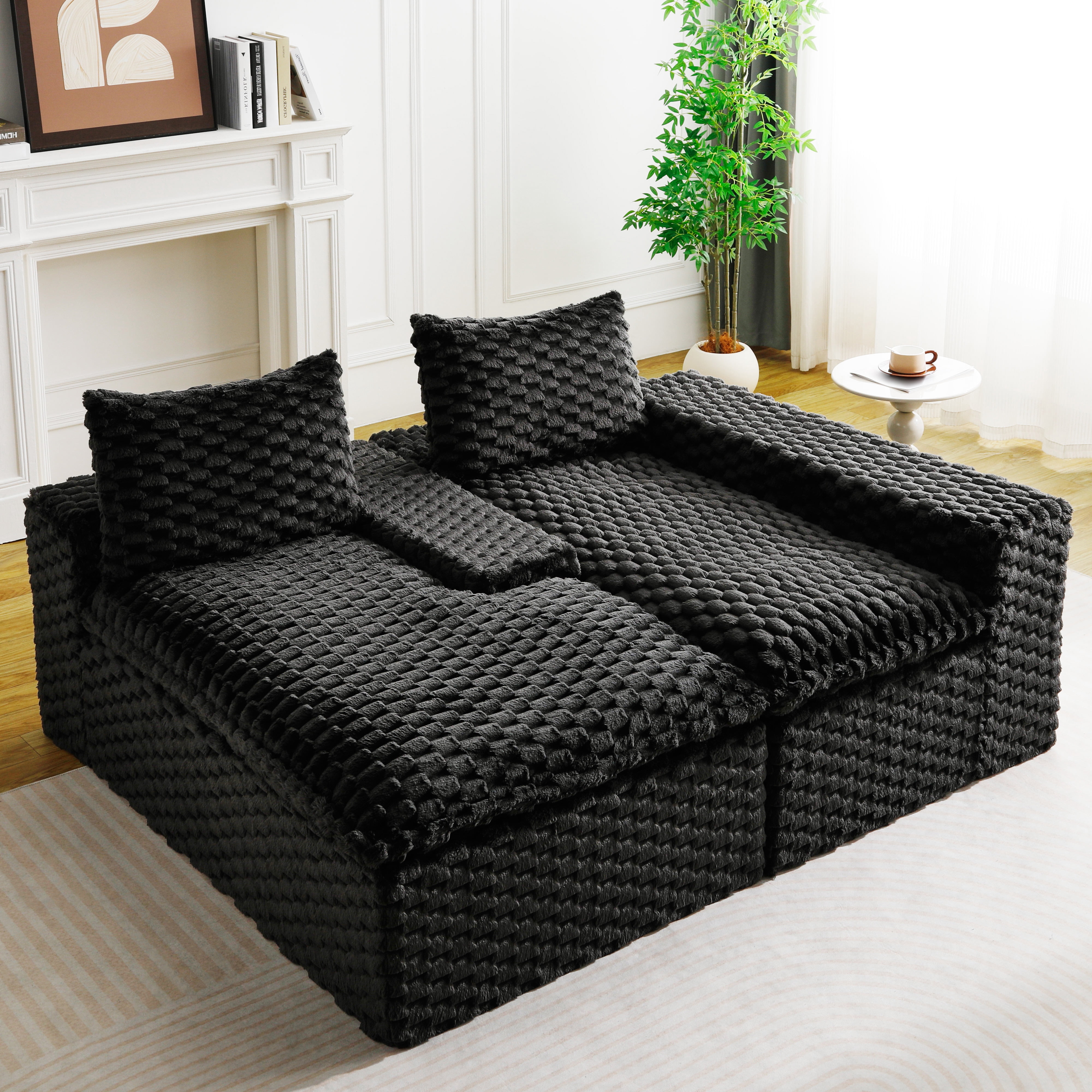HOQBN 96"W Modular Sectional Sofa,L Shape Modern Corduroy Cloud Couch,Upholstered Deep Seat Boneless Sofa Couch with Right Chaise Lounge for Living Rooms,No Assembly Required,Black