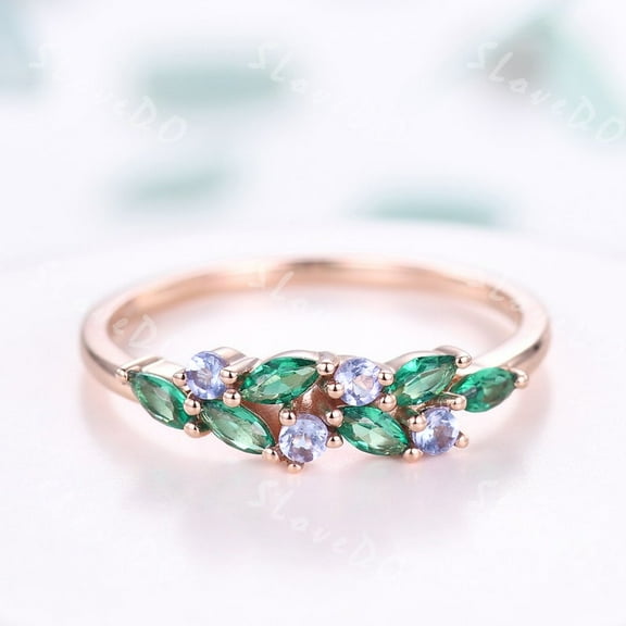 Emerald Wedding Band Ring,Blue Tanzanite Silver Gold Cluster Matching Band,Birthstone Ring,Promise Gift