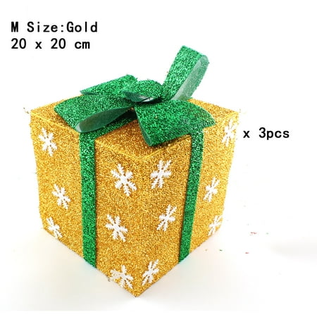 Wooden Christmas Yard Art - Pack of 3 Lighted Christmas Snowflakes Gift Wrap Boxes Yard Art Holiday Decoration (NOT Included LED light), Gold, M