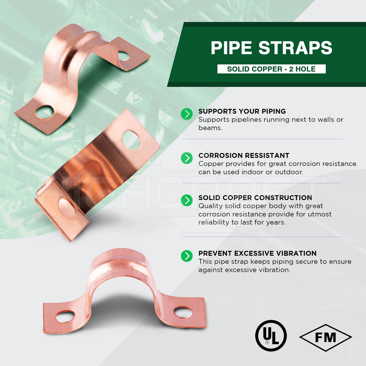 Highcraft 2-Hole Copper Pipe Strap U Bracket 3/4", 100 Pk