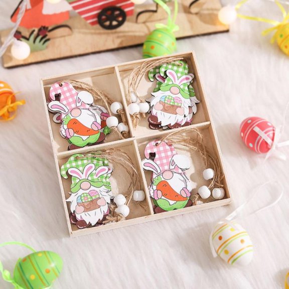 12 Pieces Easter Wooden Gnome Hanging Ornaments Spring Wooden Slices Ornaments Elf Wooden Decoration with Rope for Easter Valentine's Day Decorations, 5.4 x 5.4 Inch (Style B)