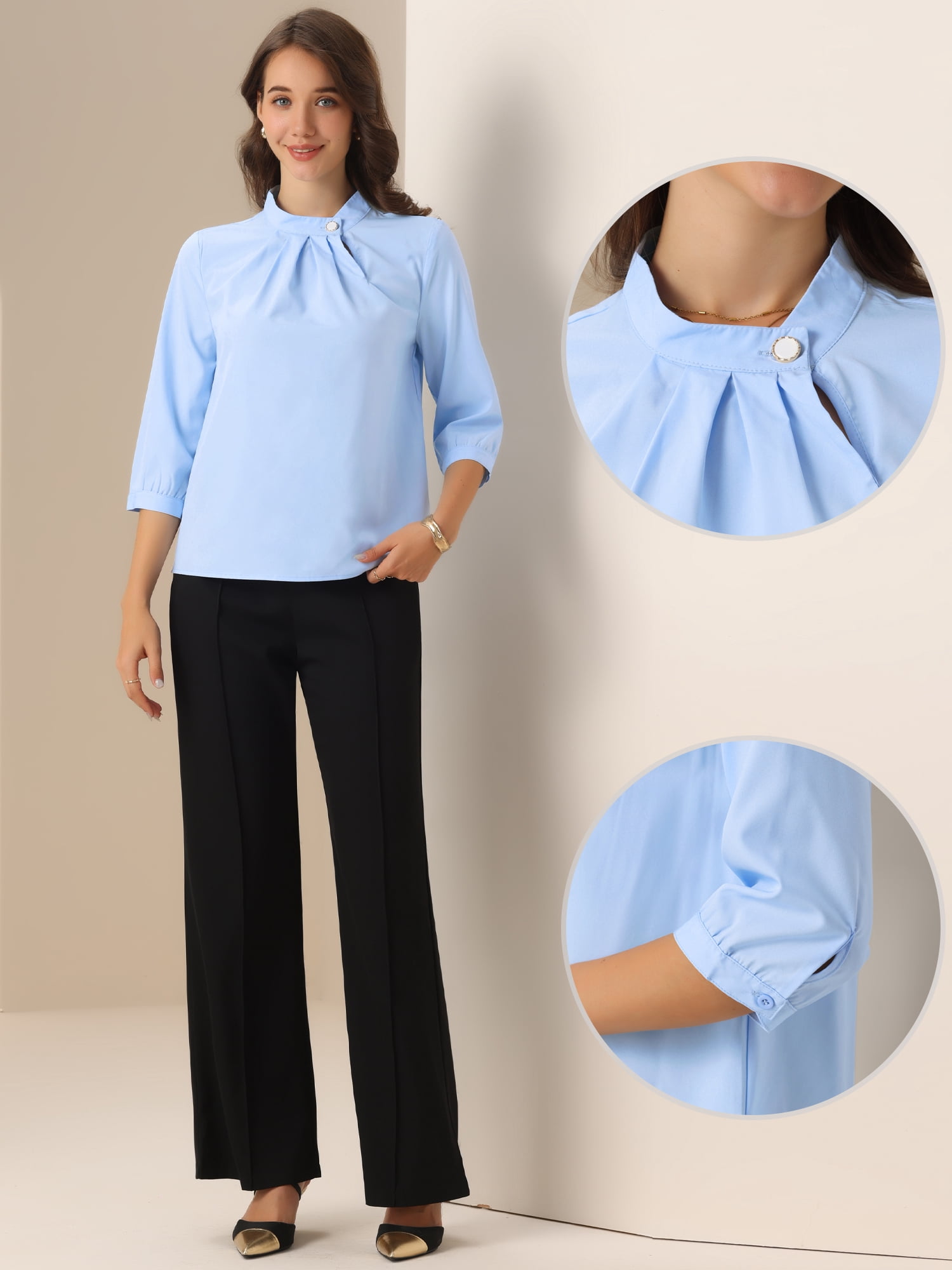 DARING DIVA Women's Stand Collar Ruched 3/4 Sleeve Blouses S Blue