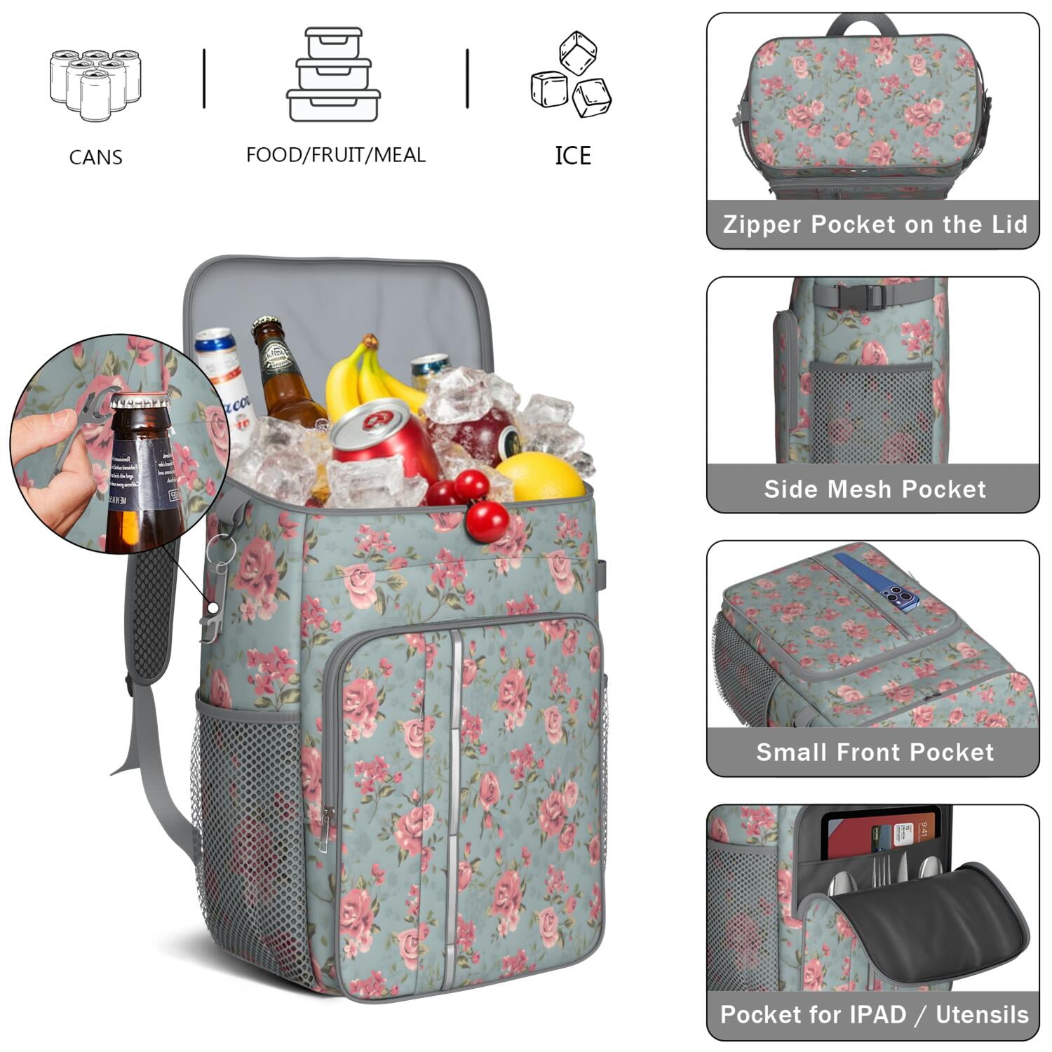Travel Cooler Bag - Pioneer Flower Floral Print Pattern Camping Beer Cooler Backpack with Bottle Opener- Waterproof Insulated Picnic Backpacks - Cooler Bag for Beach