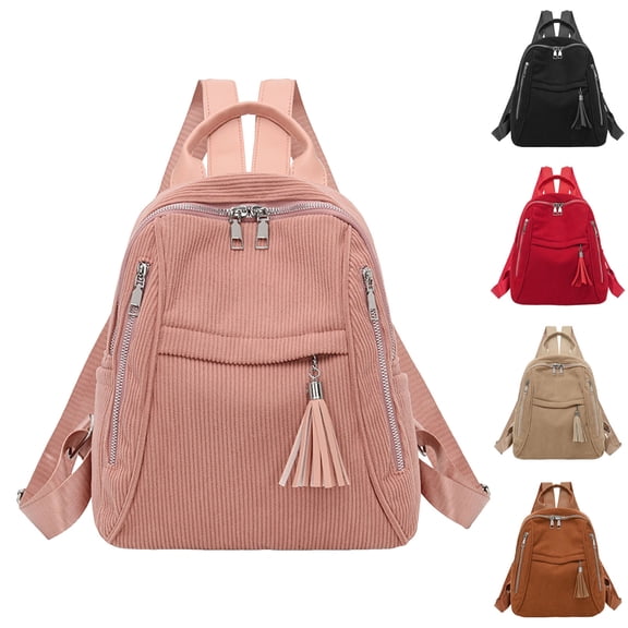 Stylago Corduroy Backpacks for Women with Tassel Front Pockets Casual Computer Daypack Ladies Medium Laptop Bags for Work Black