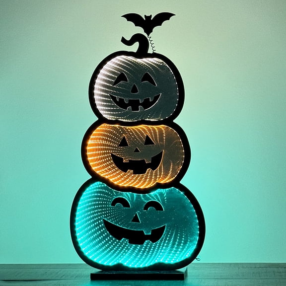 3 Stacked Pumpkins Infinity Mirror Light with Stand - LED Lighted Halloween Decoration - USB-Powered - 3D LED Infinity Light - Indoor Seasonal Decor for Tables or Windows - 11" x 21"