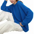 thumbnail image 2 of Women'S Crew Neck Sweater Long Sleeve Lantern Sleeve Hollow Knit Loose Casual Sweater Royal Blue M, 2 of 9