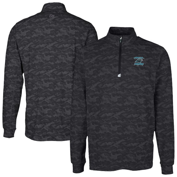 Men's Cutter & Buck Black Carolina Panthers Traverse Camo Print Stretch DryTec Quarter-Zip Top