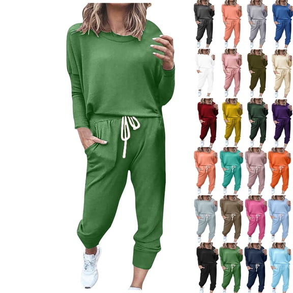 Women Jogger Set Crew Neck Long Sleeve Pullover Tops Sports Pants Drawstring Soft Casual Loungewear Tracksuit Outfit Green 3XL