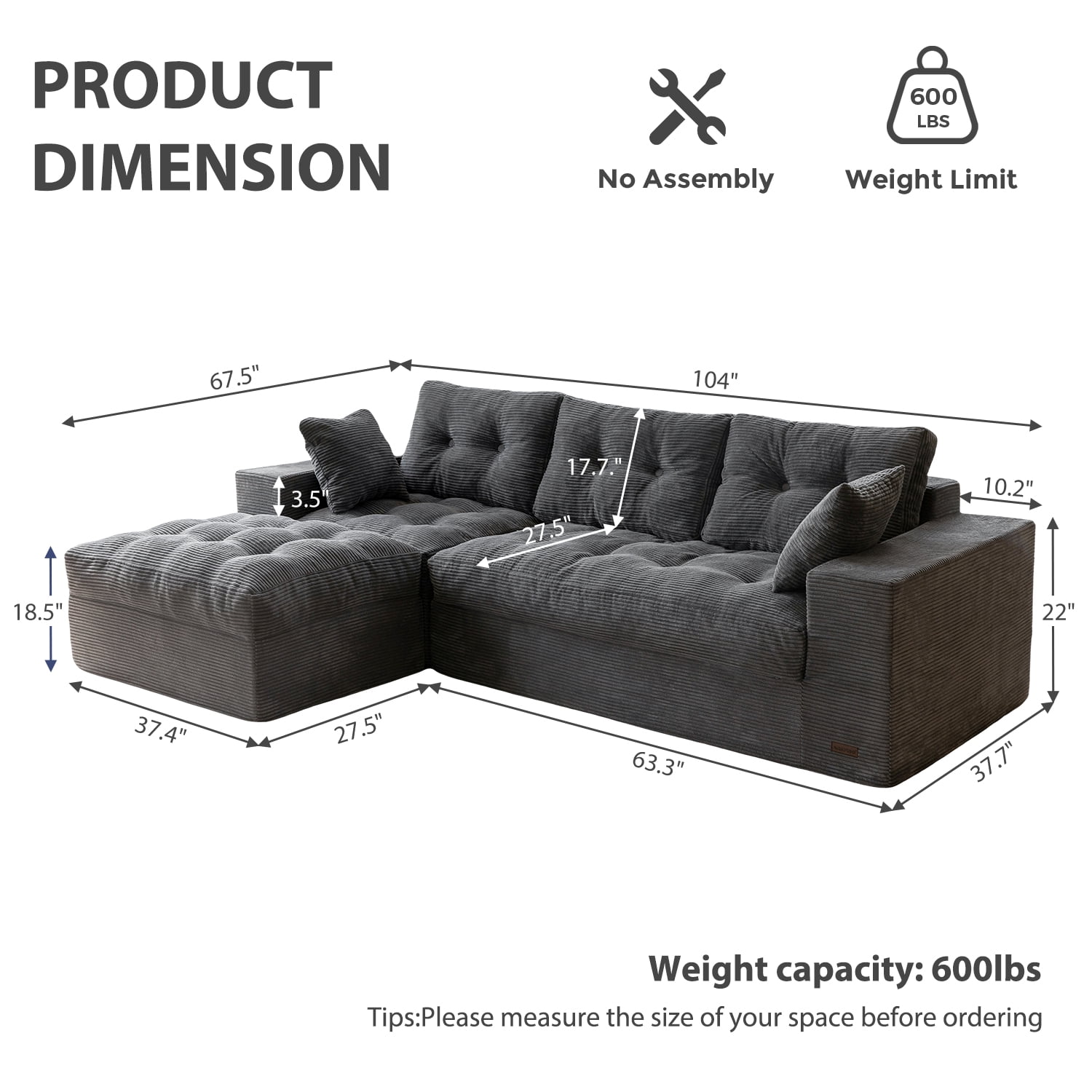 BYBYME 104"Oversized L-Shaped Sectional Sofa Cloud Boneless Modular Couch,Upholstered Sofa with Convertible Left/Right Ottoman for Living Room Bedroom,No Assembly,Dark Grey