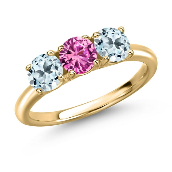 Gem Stone King 10K Yellow Gold Pink Created Sapphire and Sky Blue Topaz Engagement Ring for Women | 1.95 Cttw | Round 5MM | Gemstone September Birthstone | Size 5