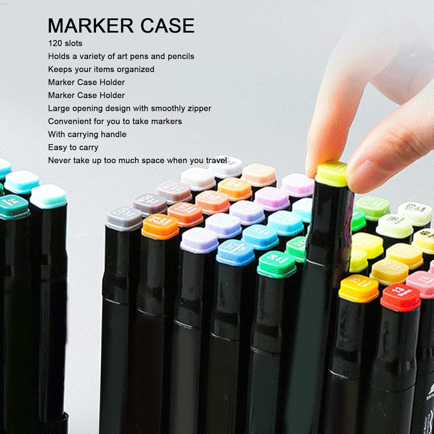 120 Slot Marker Case, Leather Holder with Large Opening, Zipper, Carry Handle, Multi-Purpose Art Pens Pencils Lipstick Mascara Storage