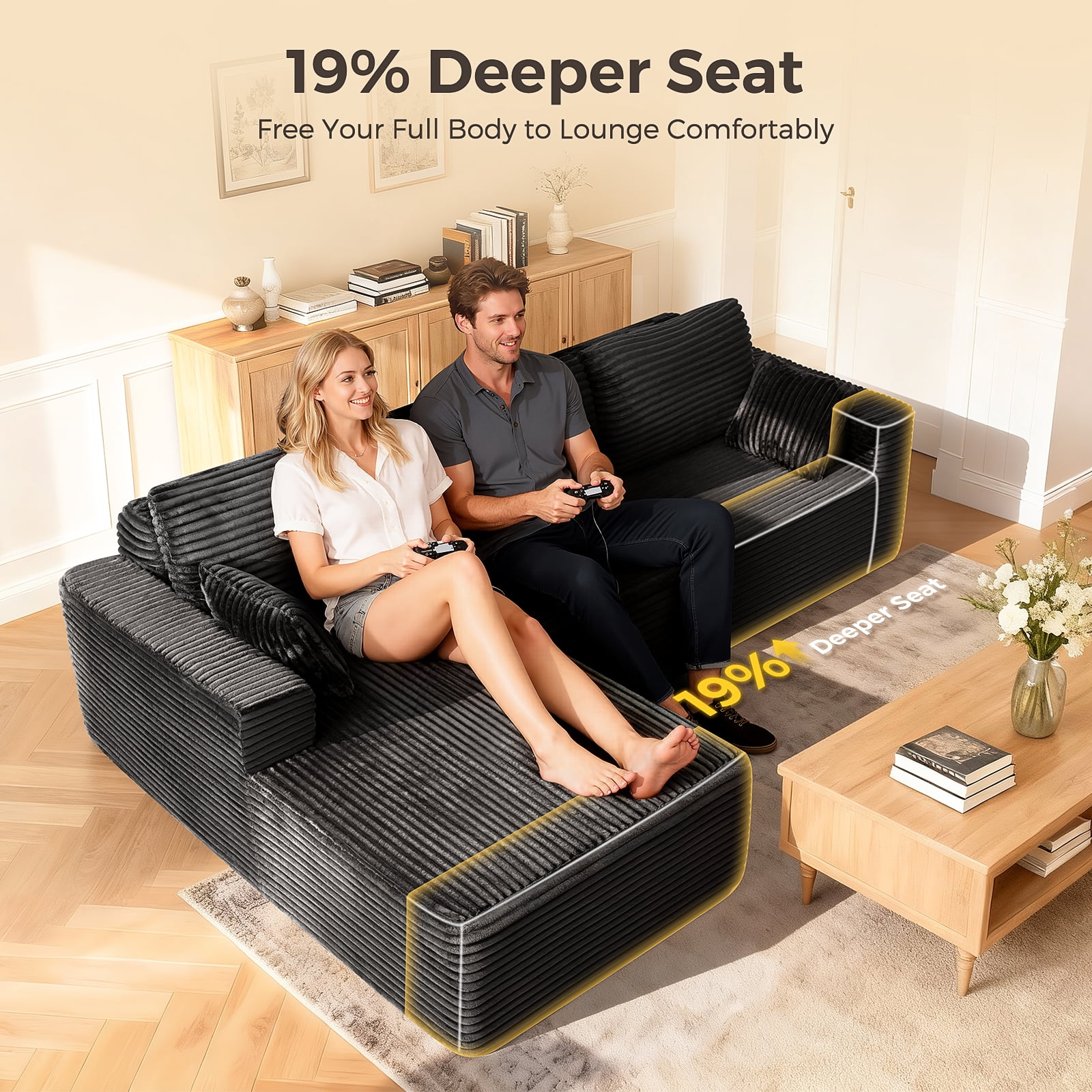 106” Sectional Couch with Chaise, Cloud Boneless Couches Flannel Plush with Deep Seat, L-Shaped Compressed Modular Sofa with Cushions for Living Room, Small Space, Black