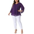 thumbnail image 2 of Agnes Orinda Plus Size Shirt for Women 3/4 Bell Sleeve V Neck Double Layers Chiffon Blouse Top 1X Purple, 2 of 6