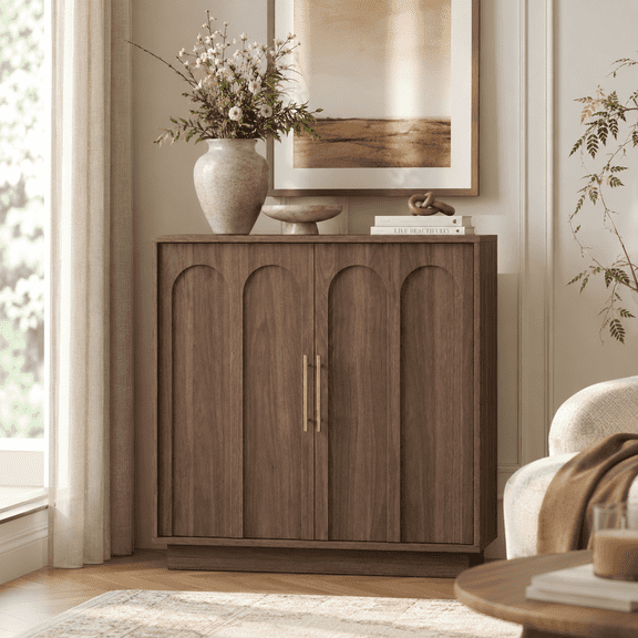 Wetalus Mid-Century Modern Sideboard Cabinet with Storage, Arched Doors, Walnut