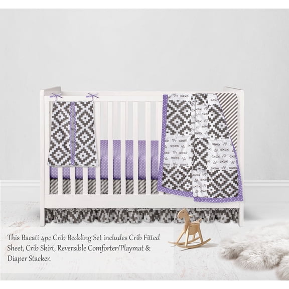 Bacati - Love Aztec 4-Piece Crib Bedding Set with Diaper Stacker - Grey/Purple Girls