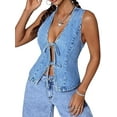 thumbnail image 2 of Women Denim Vest Deep V Neck Tie Up Front Sleeveless Jean Tank Top Low Cut Tight Fit Fashion Cropped Vest Light Blue XL, 2 of 7