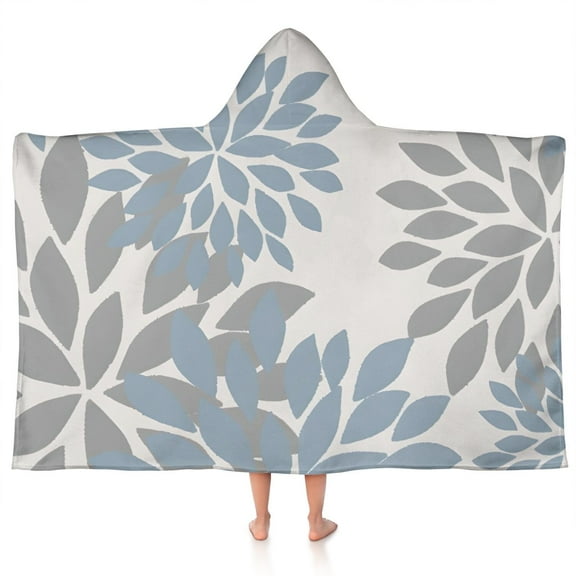 Blue and Gray Floral Pattern Hooded Bath Towel,50"x30" for Ages 3 To 12 Kids, Quick Dry Lightweight Soft Microfiber Hood Beach Towel Cover Up for Kids