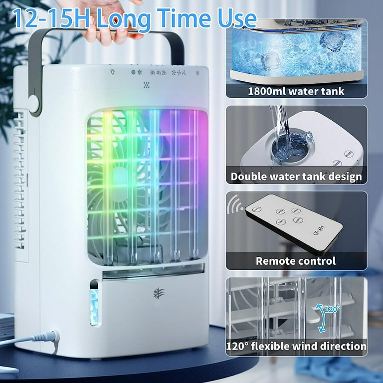 Portable Air Conditioner Fan, 3 Speeds Evaporative Air Cooler with Remote, Personal Mini Cooling Fan for Room Office Outdoor