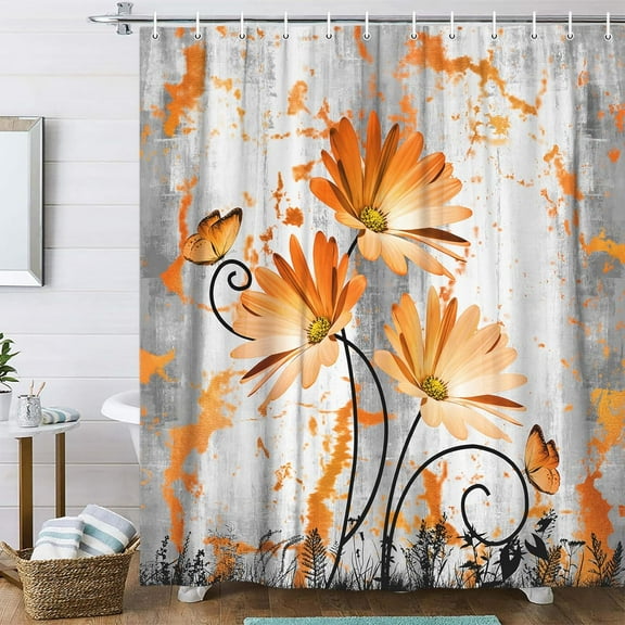 Rustic Farmhouse Fall Shower Curtain, Farm Orange Grey Daisy Floral Flowers and Butterfly on Country Wooden Shower Curtain for Bathroom, Gray White Yellow Red Shower Curtain with Hooks, 70X70IN