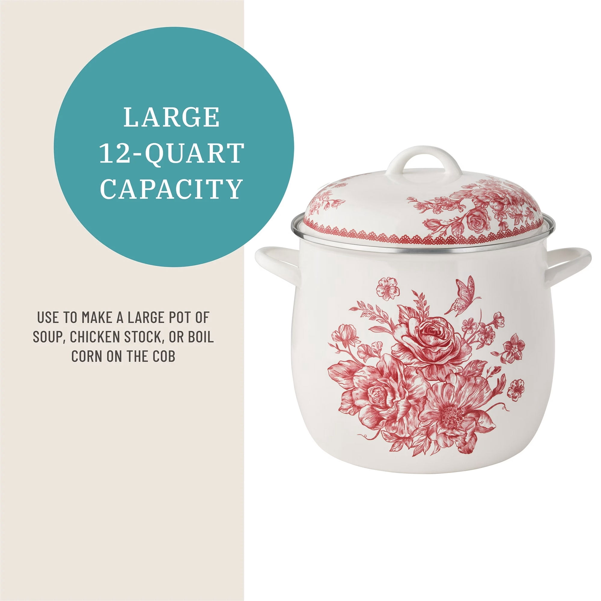 The Pioneer Woman Agatha 12-Quart Enamel on Steel Stock Pot with Lid, Red