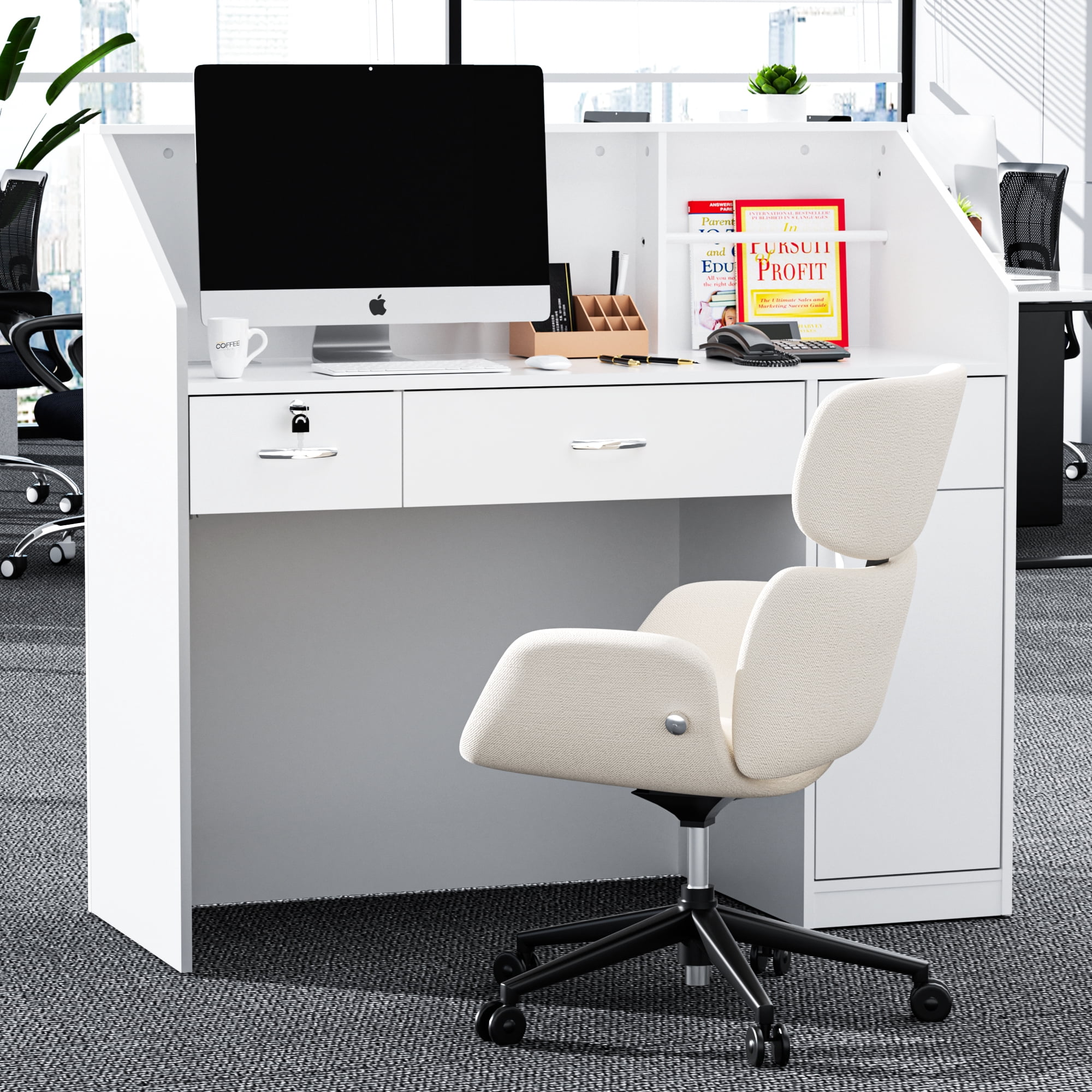 AHB 50-inch Reception Desk with Counter, Front Desk Office Desk with Storage Shelves, White