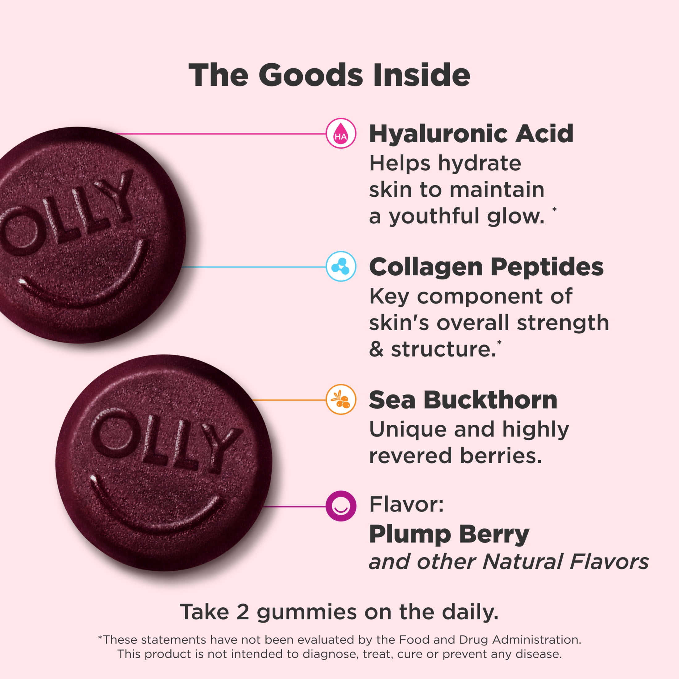 OLLY Glowing Skin Gummies, Hyaluronic Acid, Collagen Peptides, Sea Buckthorn, Plump Berry Flavor, 50 Count