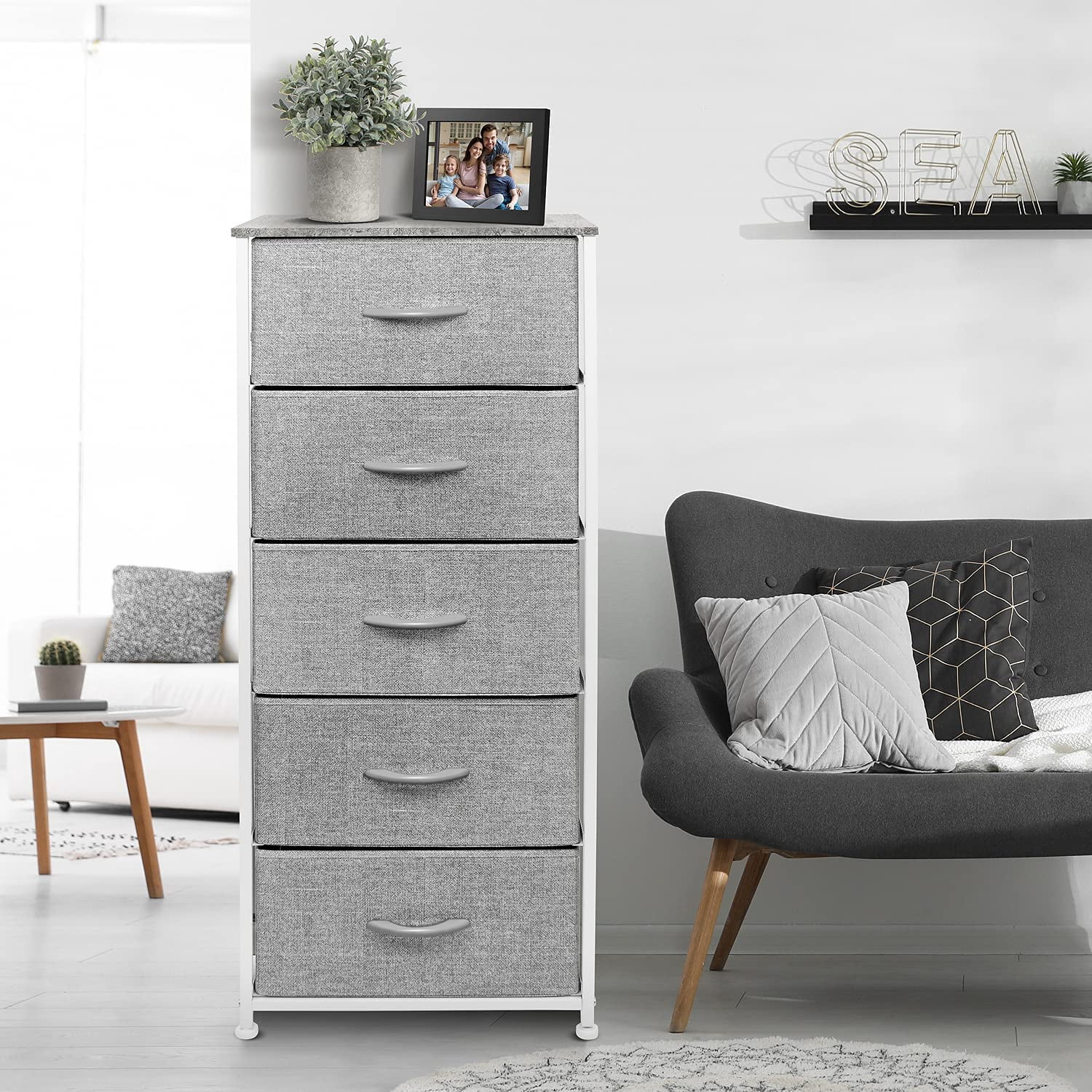 Sorbus Nightstand Dresser with 5 Drawers - Tall Storage Tower Unit Organizer for Bedroom, Hallway, Closet, College Dorm - Chest Drawer for Clothes, Steel Frame, Wood Top, Easy Pull Fabric Bins (Grey)