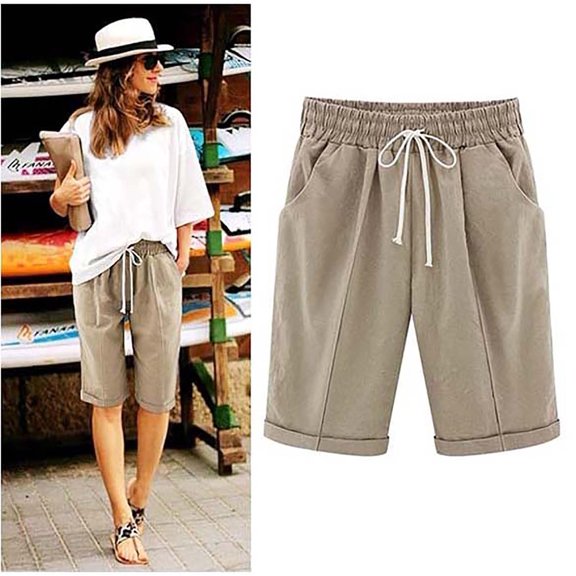 Olyvenn Bermuda Shorts for Women 2025 Casual Summer Beach Drawstring Shorts with Pocket Knee Length Loose Cute Vacation Short Khaki XL