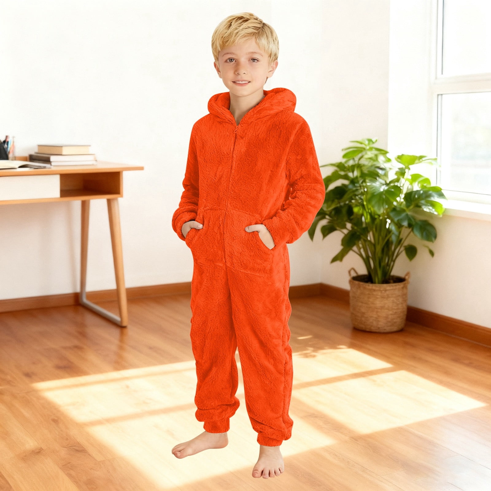Tiweut Kids Onesie Pajamas Jumpsuit Boys Girls Warm Sherpa Lined Romper Zipper Hooded Cute Playsuit Sleepwear,Orange,6Y