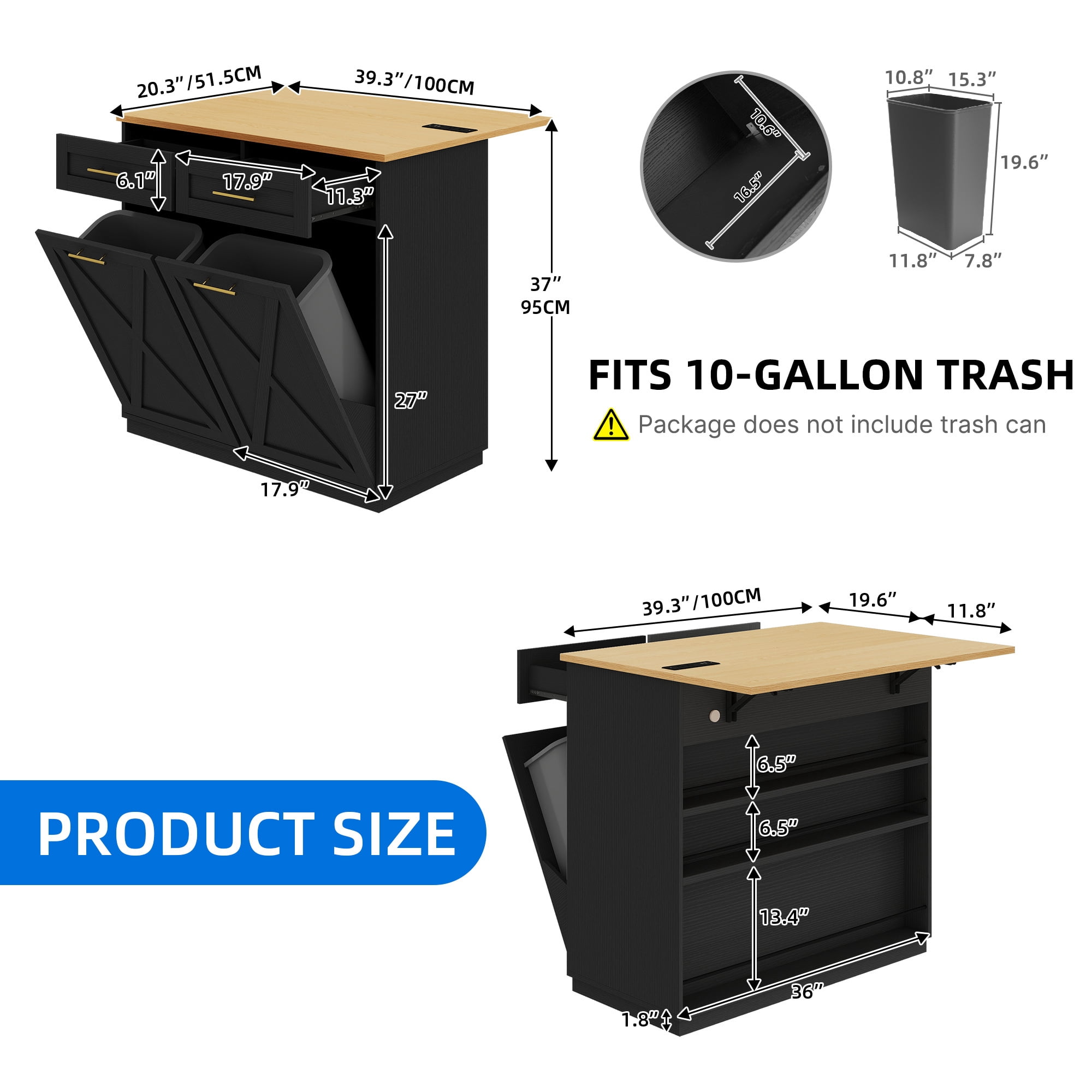 Uforic Kitchen Island Table with Drop Leaf & Power Outlets & Trash Storage, Black