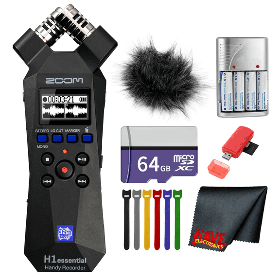 Zoom H1essential 2-Track 32-Bit Float Portable Audio Recorder Bundle Wiht Windscreen for H1E   64GB Memory Card   Microfiber Cleaning Cloth   4x AA Battery with Charger   More