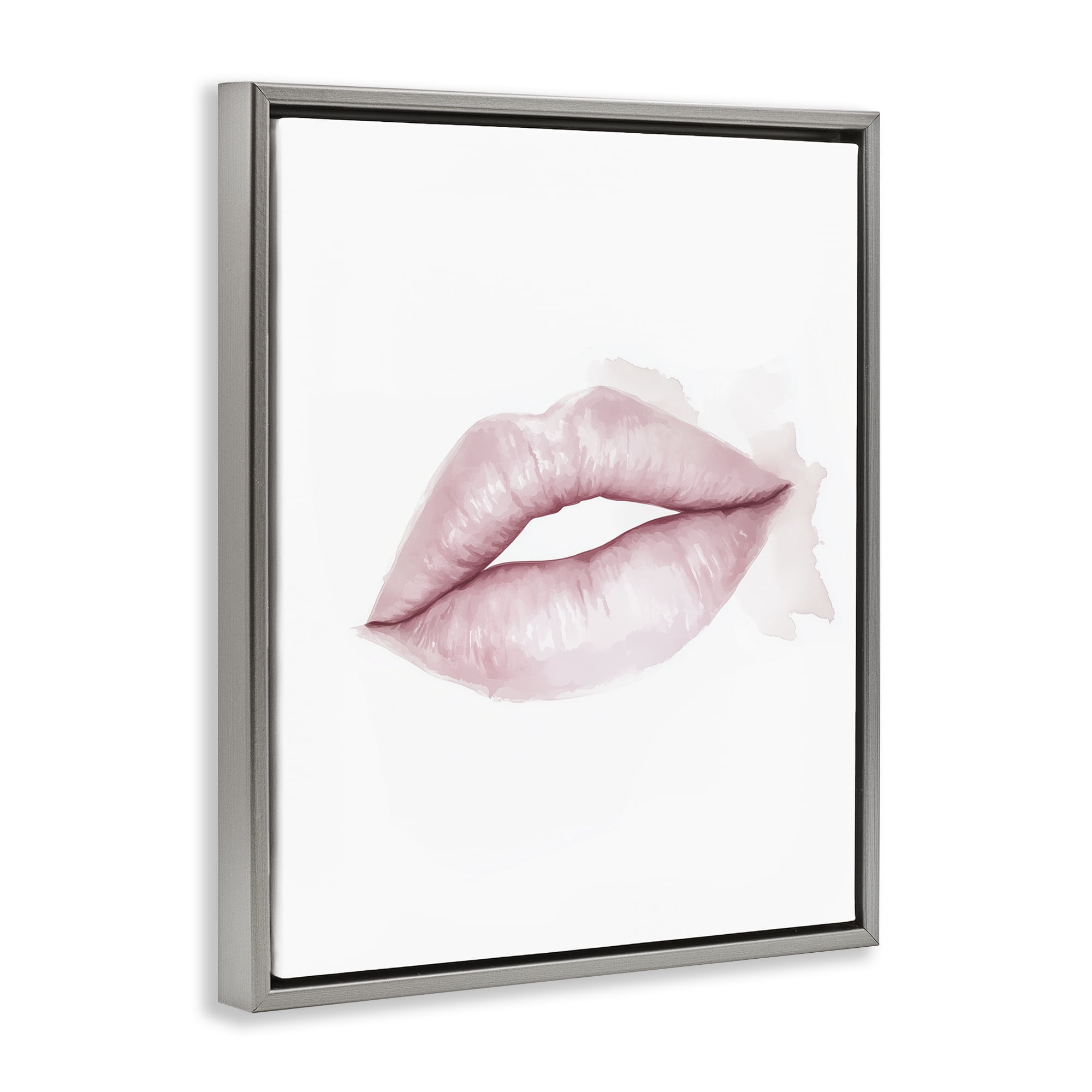 Pink Lips Watercolor Gray Framed Floater Canvas Wall Art, design by Christine Simpson Art