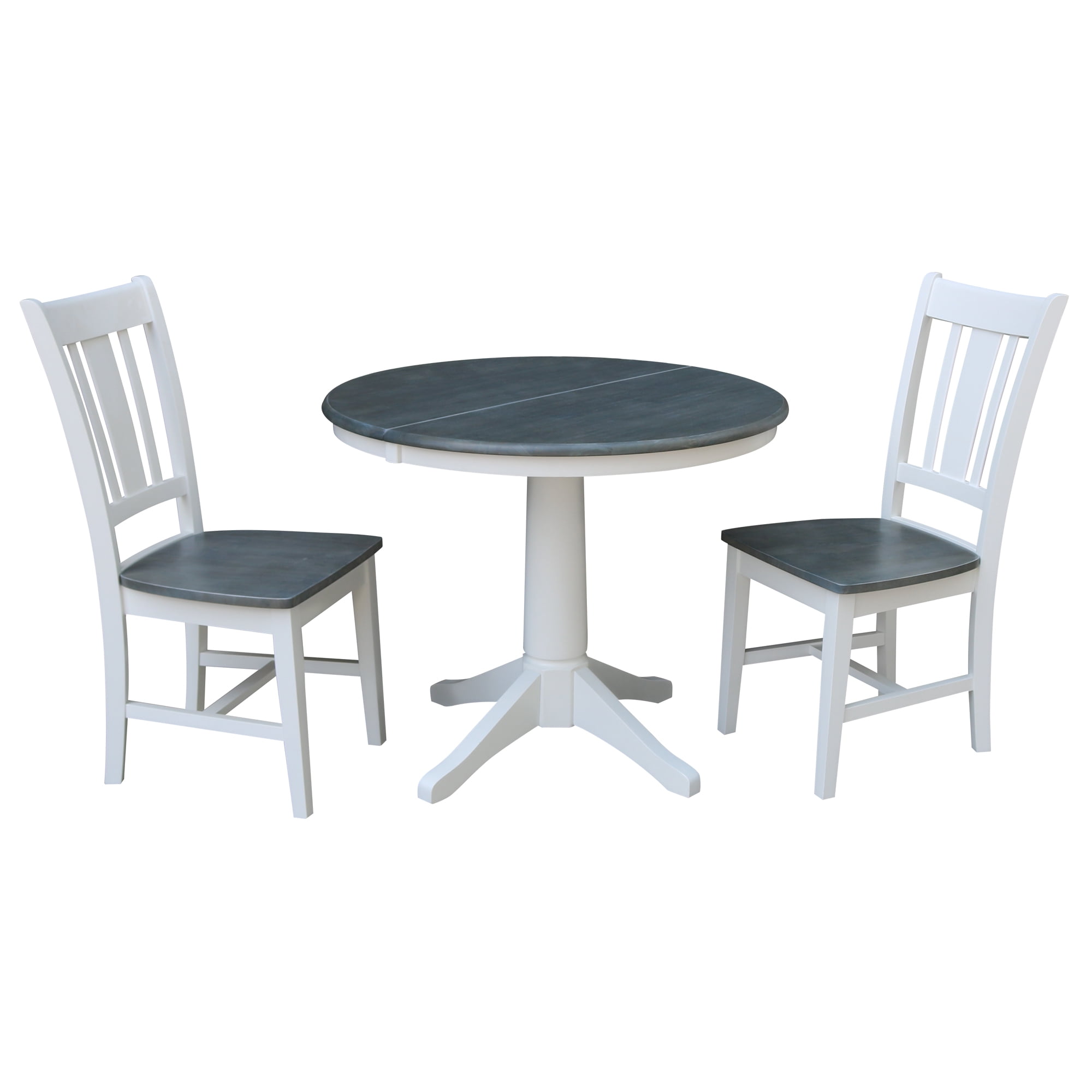 36 Round Solid Wood Extension Dining Table With 2 San Remo Chairs in White/Heather Gray by International Concepts