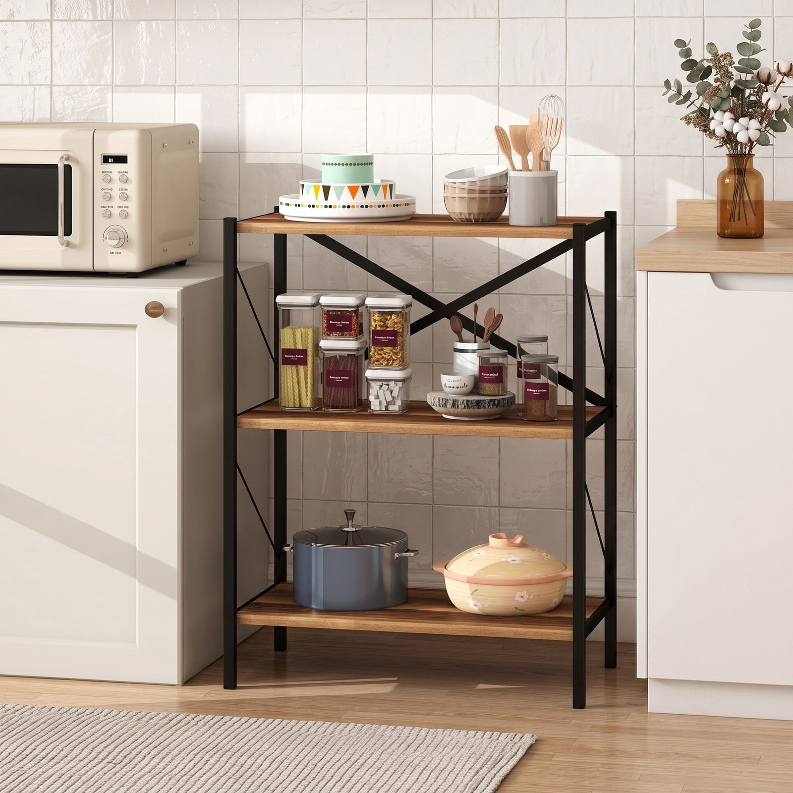 Furnibear 3-Tier Bookshelf with Heavy-Duty Metal Frame, Freestanding X-Braced Bookcase Storage Organizer Shelf with Anti-Tipping Device for Living Room, Home, Walnut