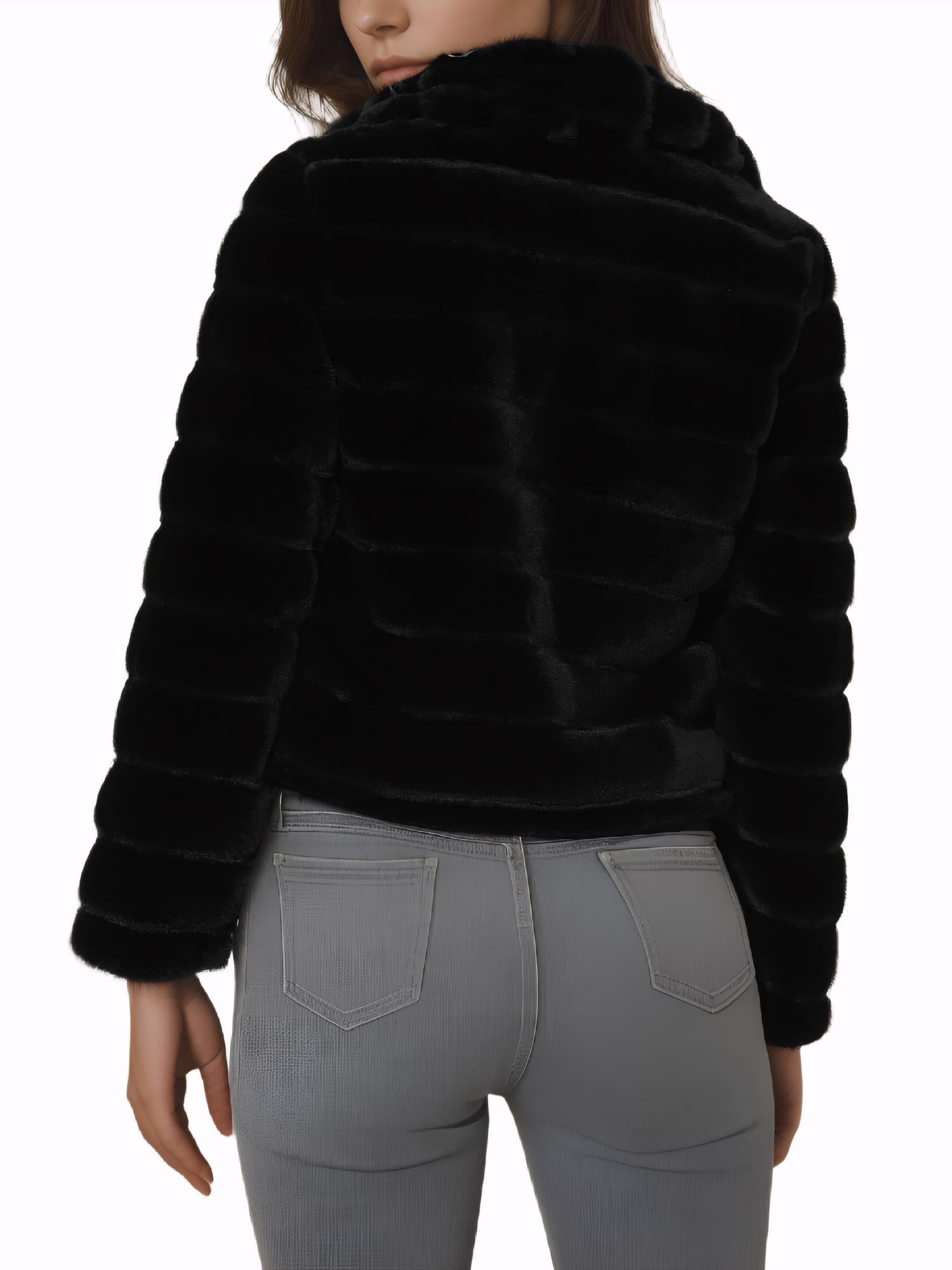 DARING DIVA Women's Faux Fur Fluffy Coat Collar Cropped Jacket XL Black