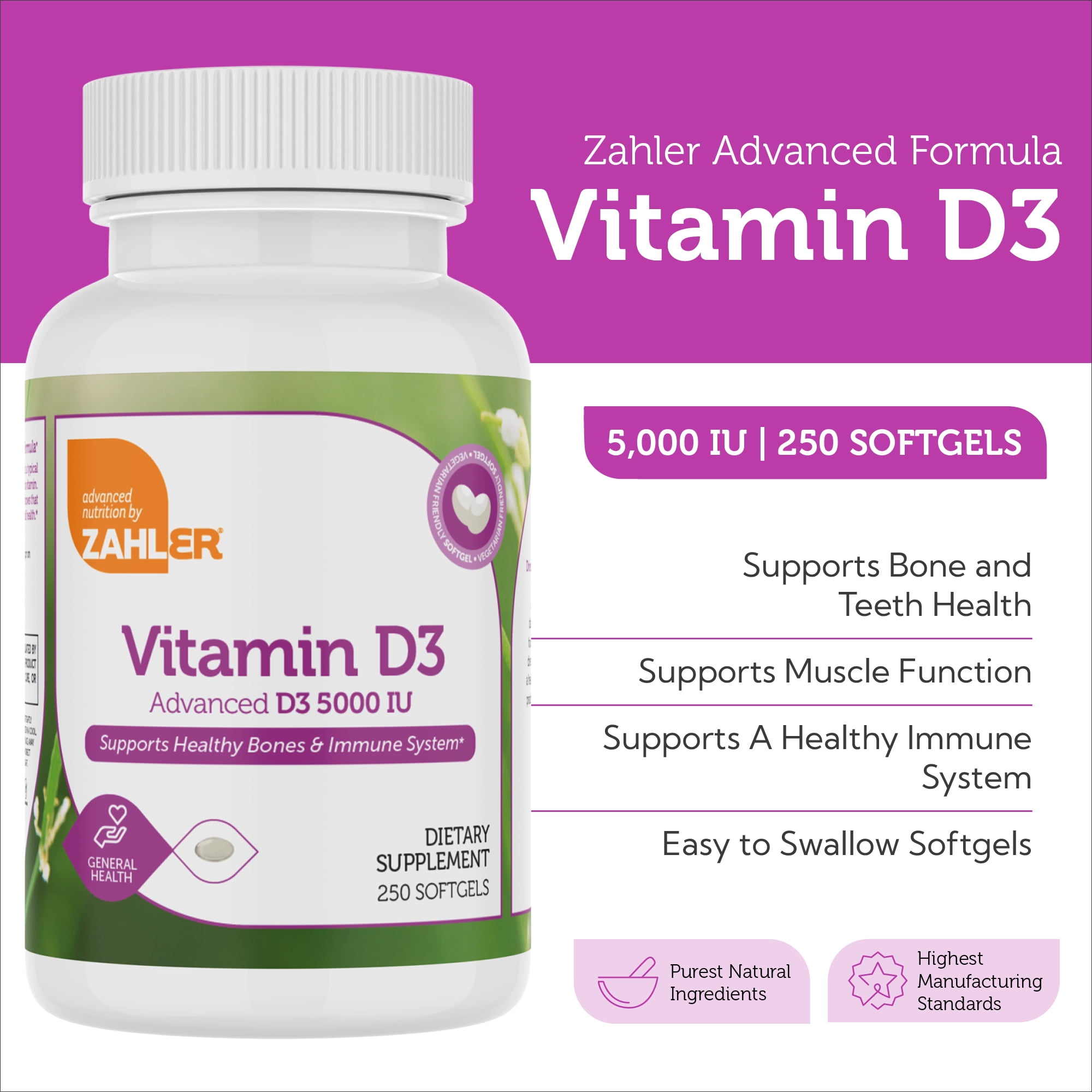 Zahler Vitamin D3 5,000 IU Softgels, 250 Count, Advanced D3 Formula for Immune Support and Bone Health, High Potency Vitamin Supplement