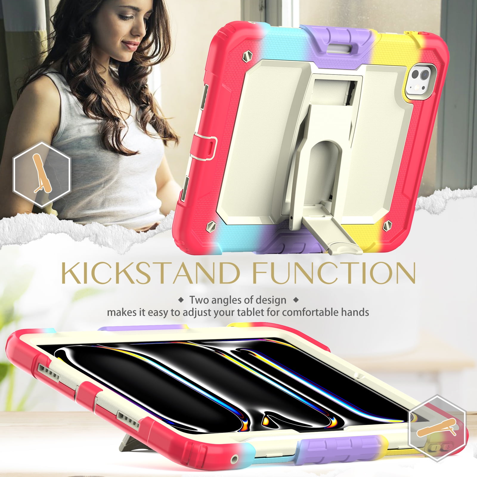 Rugged Case For Apple iPad Pro 11 (2024) – 3-Layer Protection Shockproof Stand Cover with Screen Protector, Adjustable Stand, Shoulder Strap, & Pencil Holder -- Colorful Red