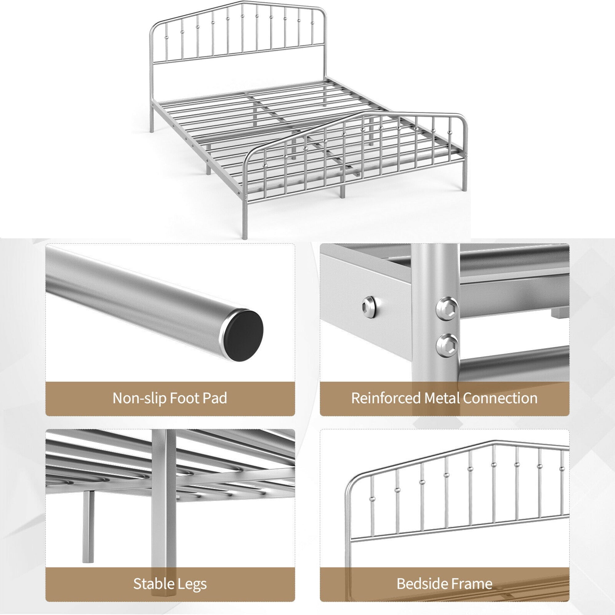Gymax Queen Size Metal Bed Frame Platform Headboard & Footboard W/Storage Sliver