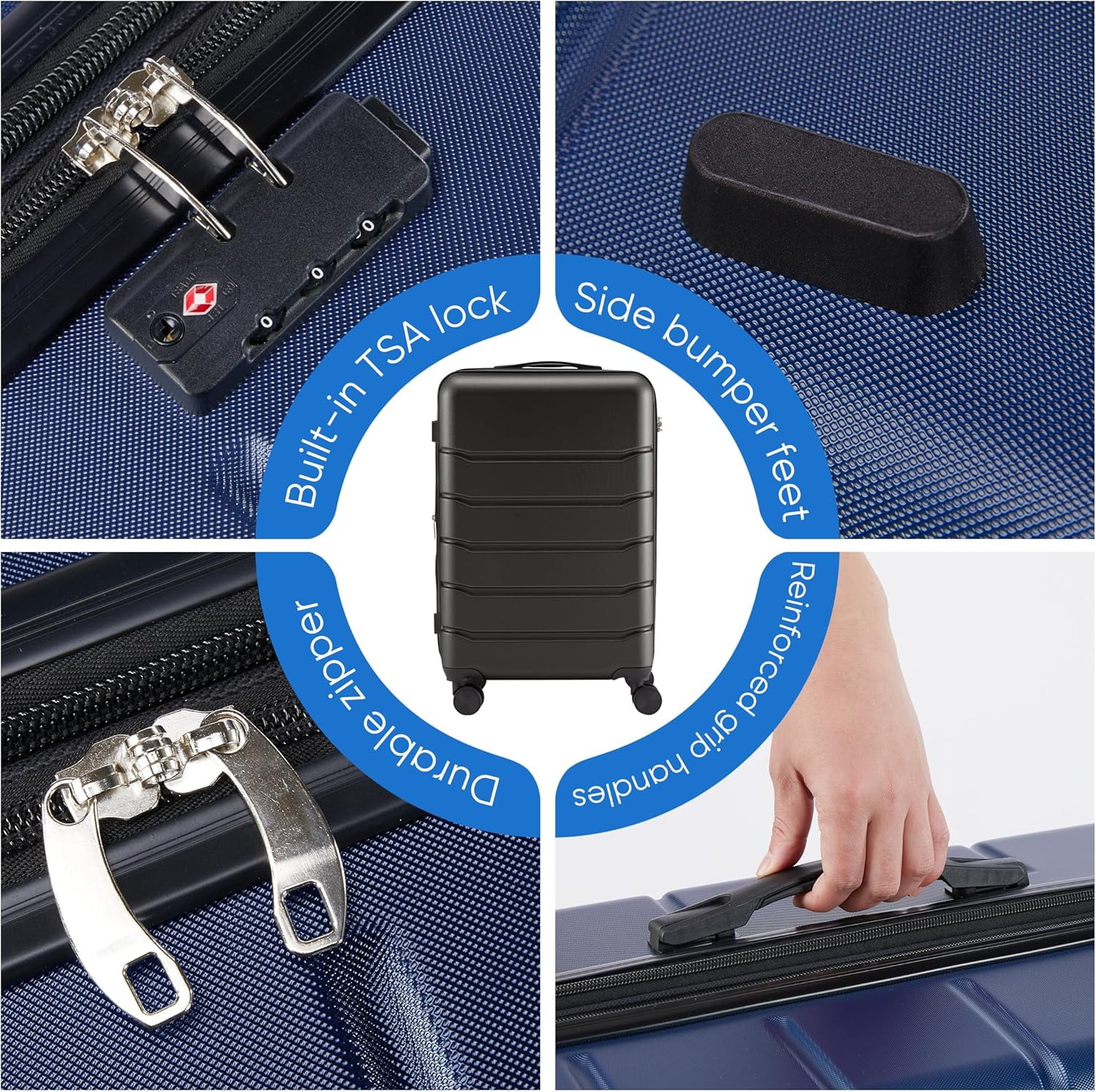 CONCETTA Carry-On Luggage, Hardshell Double Spinner Roller Suitcase with TSA Lock, Blue, 3-PCS Set (20/24/28 Inch)