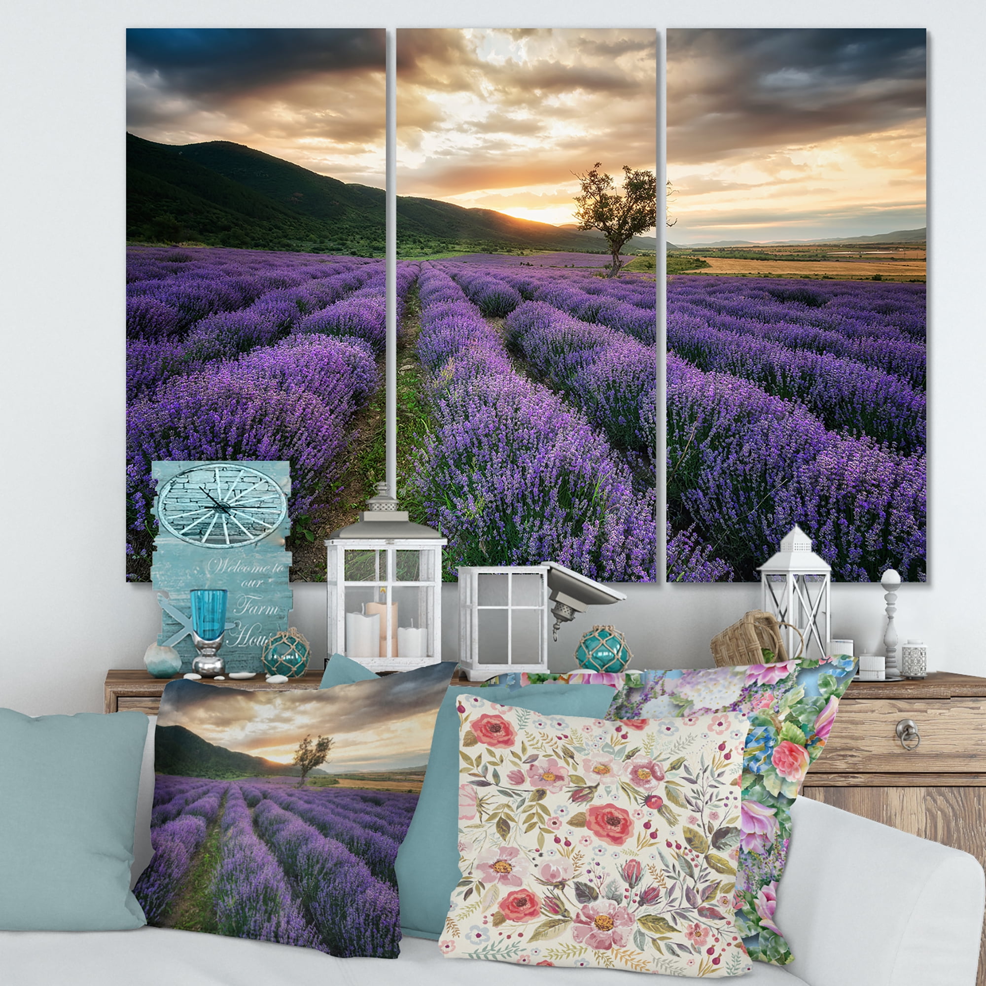 Designart ' Dramatic Clouds and Sunrise Over Lavender Field VII ' Farmhouse Canvas Wall Art Print