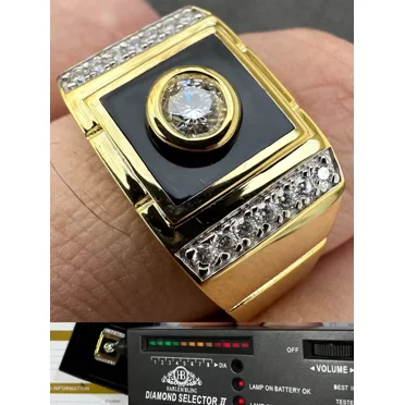 "Moissanite Men's 14K Gold Plated 925 Silver Iced Black Onyx Ring - Diamond Test Approved"