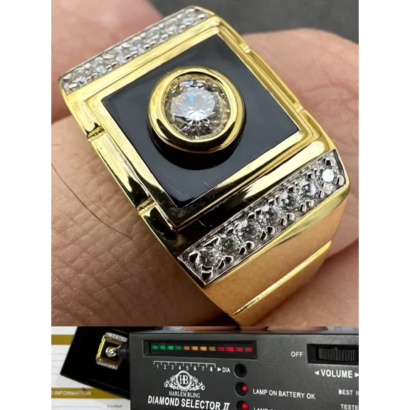 "Moissanite Men's 14K Gold Plated 925 Silver Iced Black Onyx Ring - Diamond Test Approved"